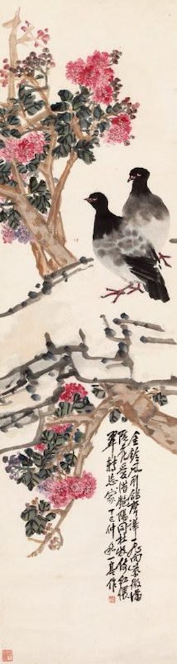 Crape myrtles and pigeons by Wang Zhen