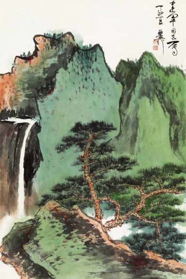 Pine trees and waterfall by Xie Zhiliu