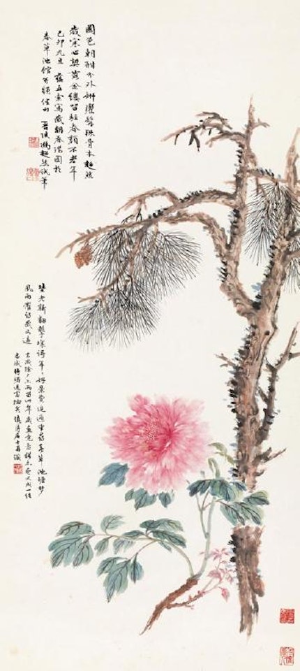 Peony and pine tree by Feng Chaoran