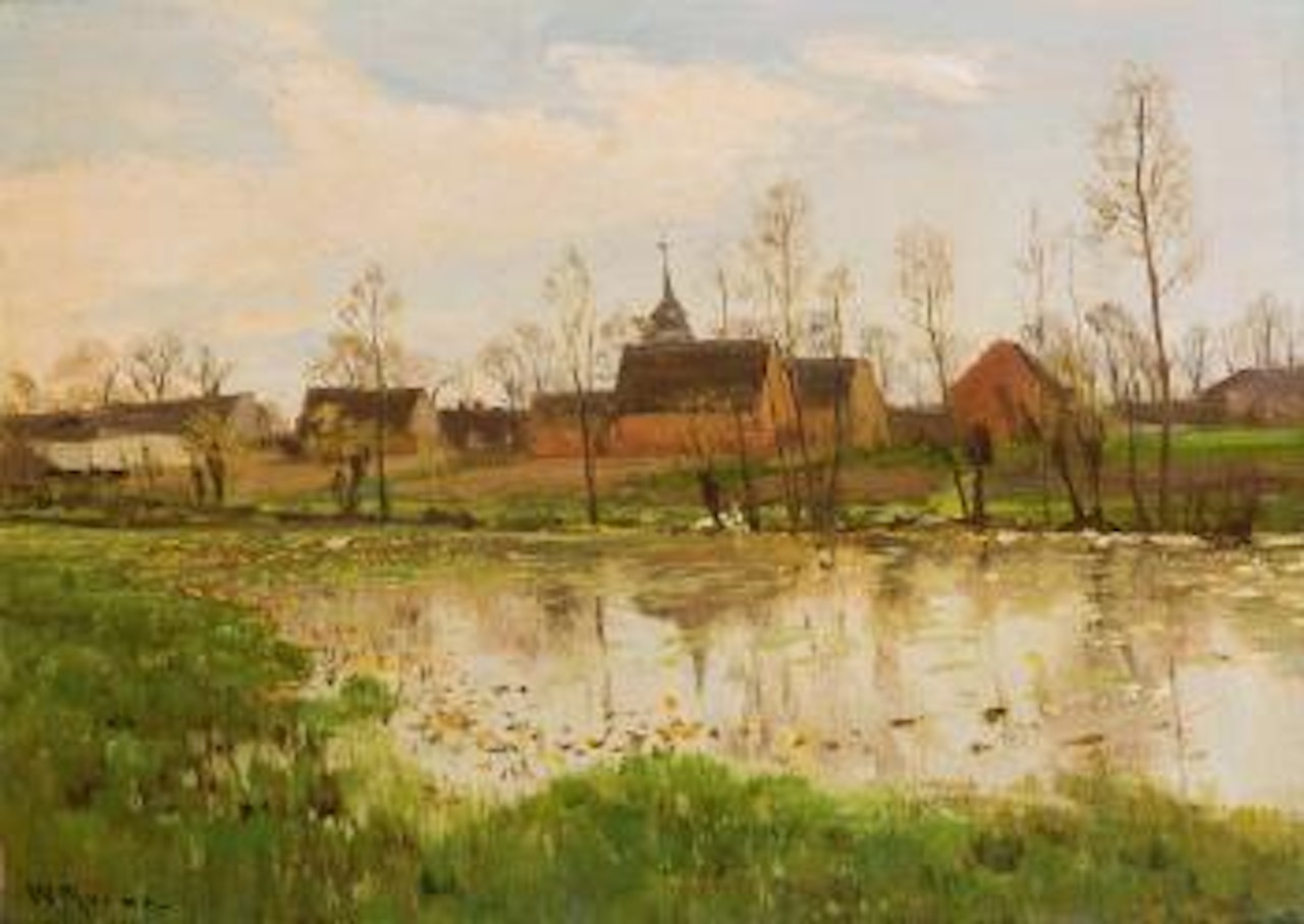 Überschwemmte Flußaue mit Dorf in der mark by Walter Moras
