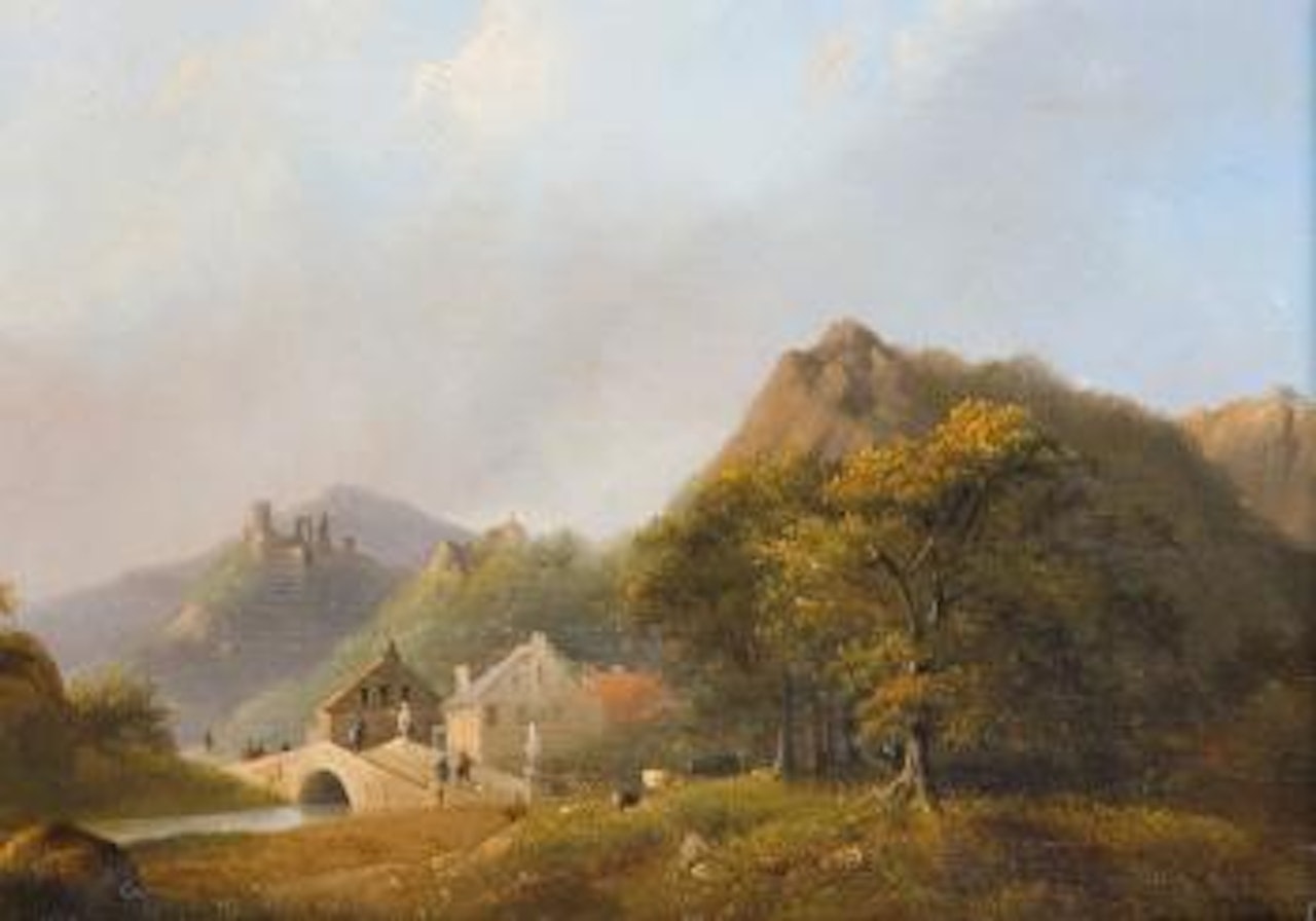 Flußlandschaft mit Brücke by August Knip