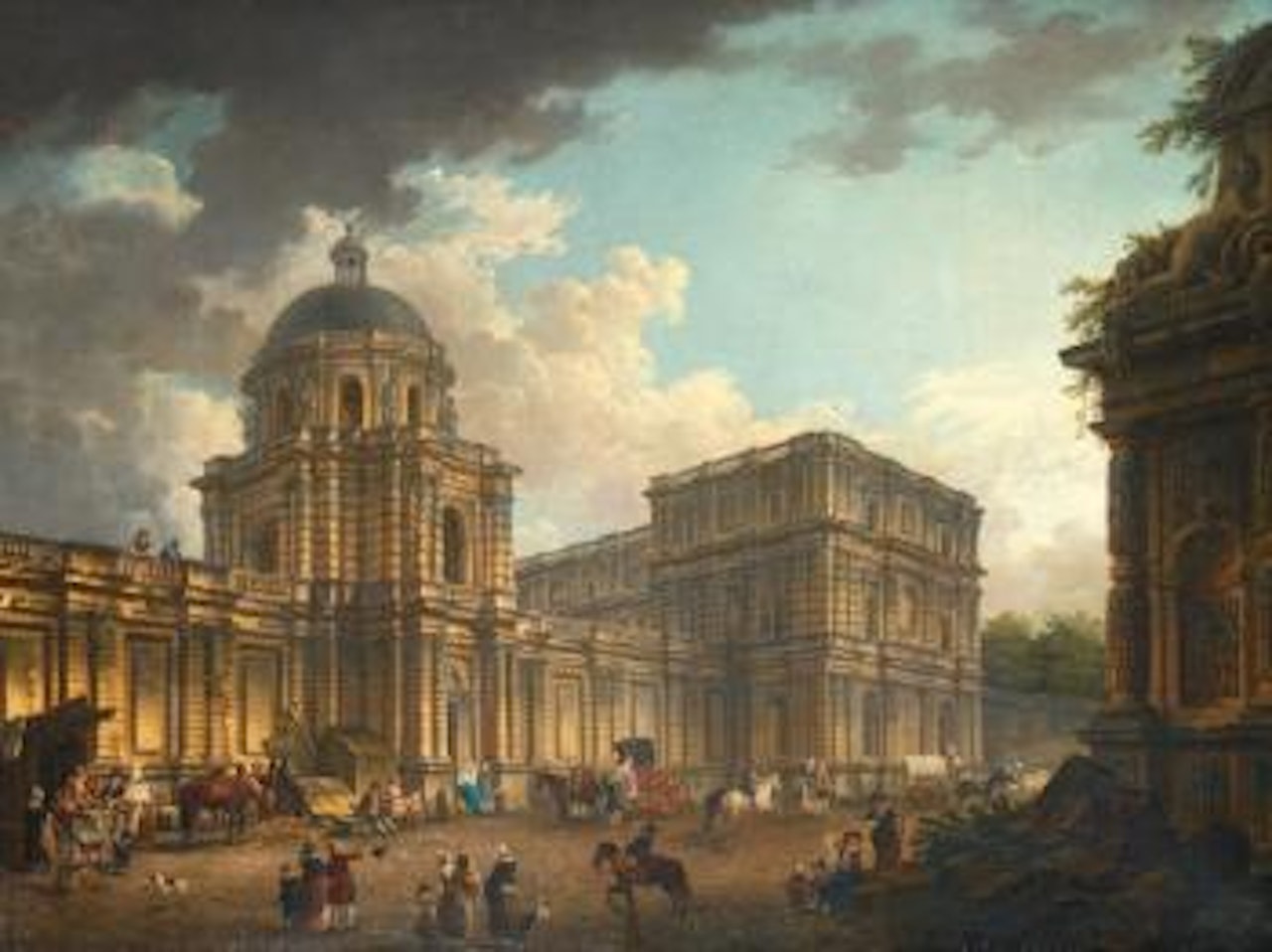 Vue du Palais du Luxembourg animé de personnages et de calèches by Pierre Antoine Demachy