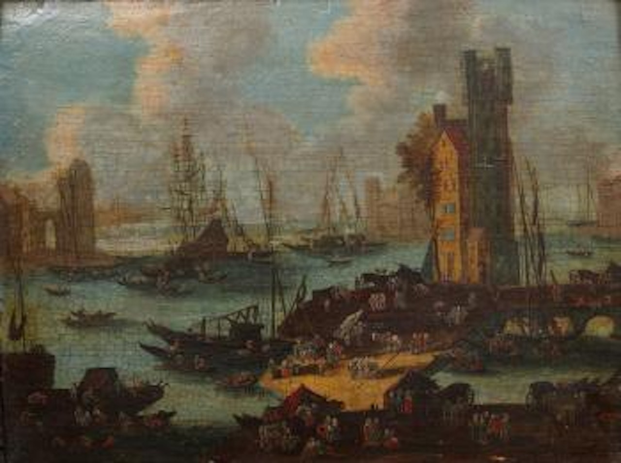 Port animé de personnages by Adriaen Frans Boudewyns by Pieter Bout