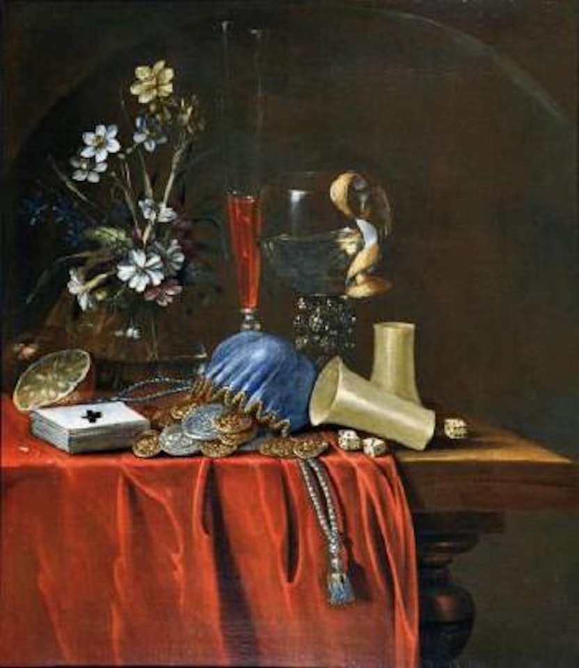 Nature morte aux jeux, bouquet de fleurs et verreries by Dutch School