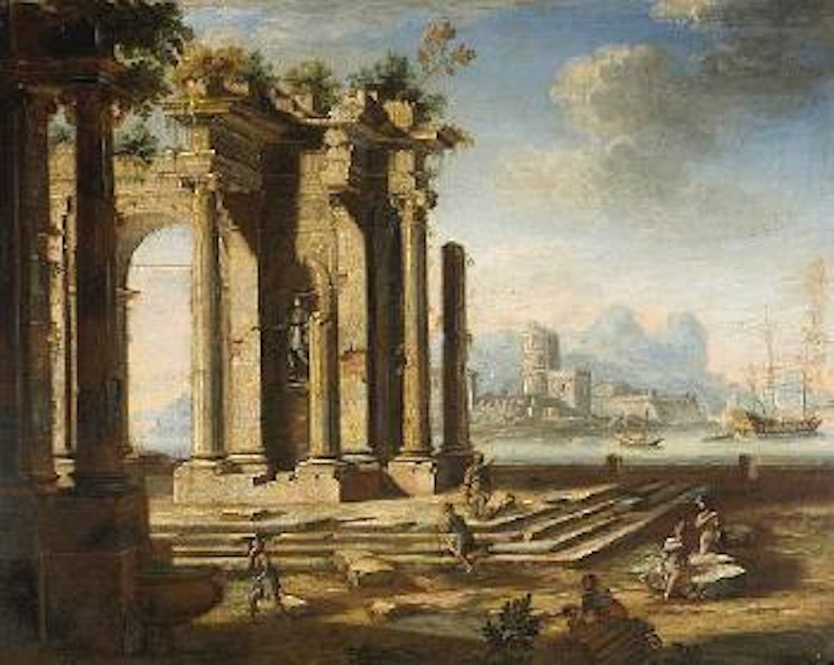 Classical ruins with a seascape in the distance by Gennaro Greco