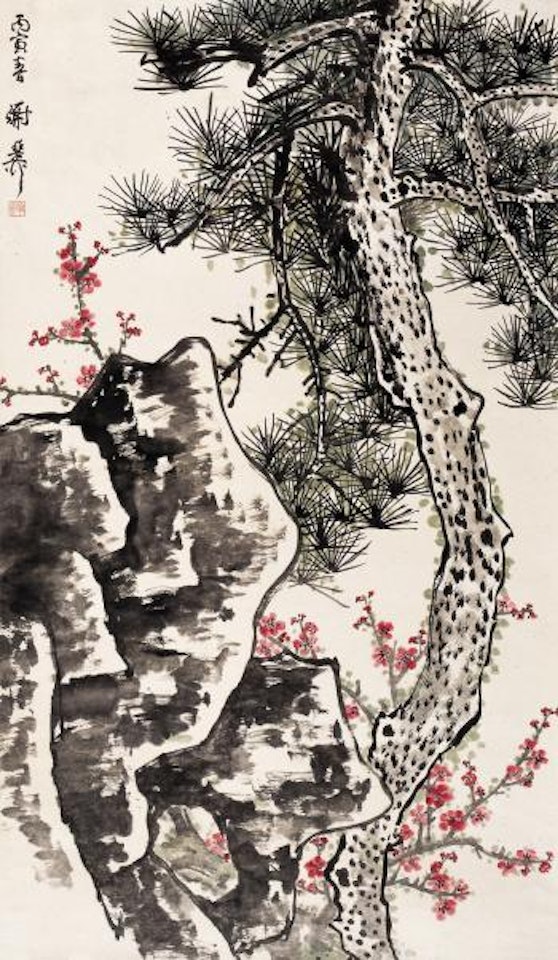 Prunes, pine, rock by Xie Zhiliu