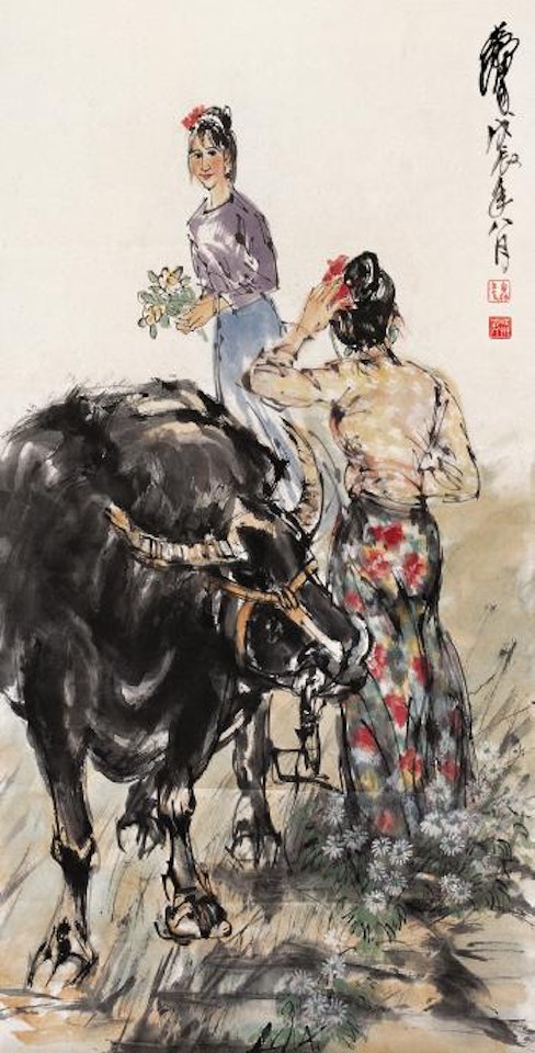 Lady with buffalo by Huang Zhou