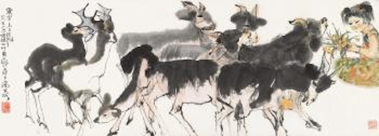 Goats and girl by Cheng Shifa