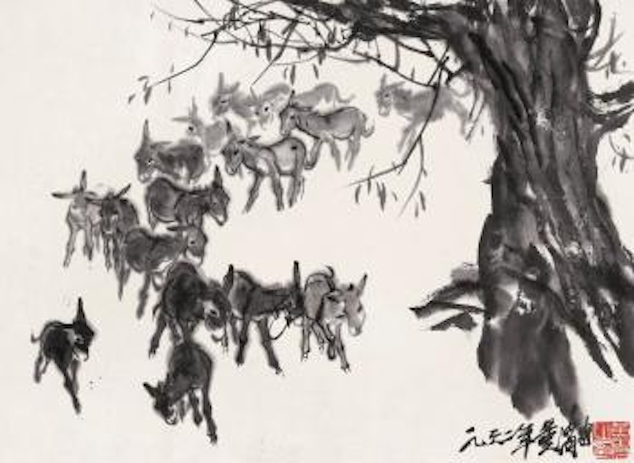 A group of donkeys around elm by Huang Zhou