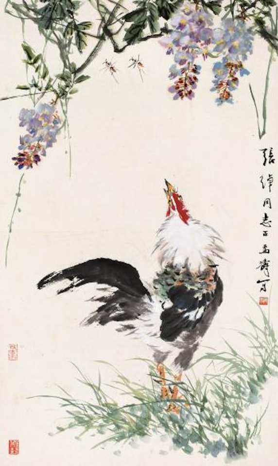 A cock under wistaria by Wang Xuetao