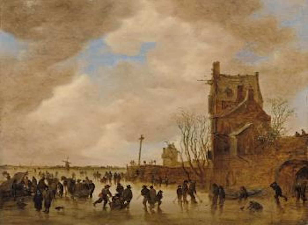 Eisvergnügen vor einem hohen turmartigen Gebäude by Jan van Goyen