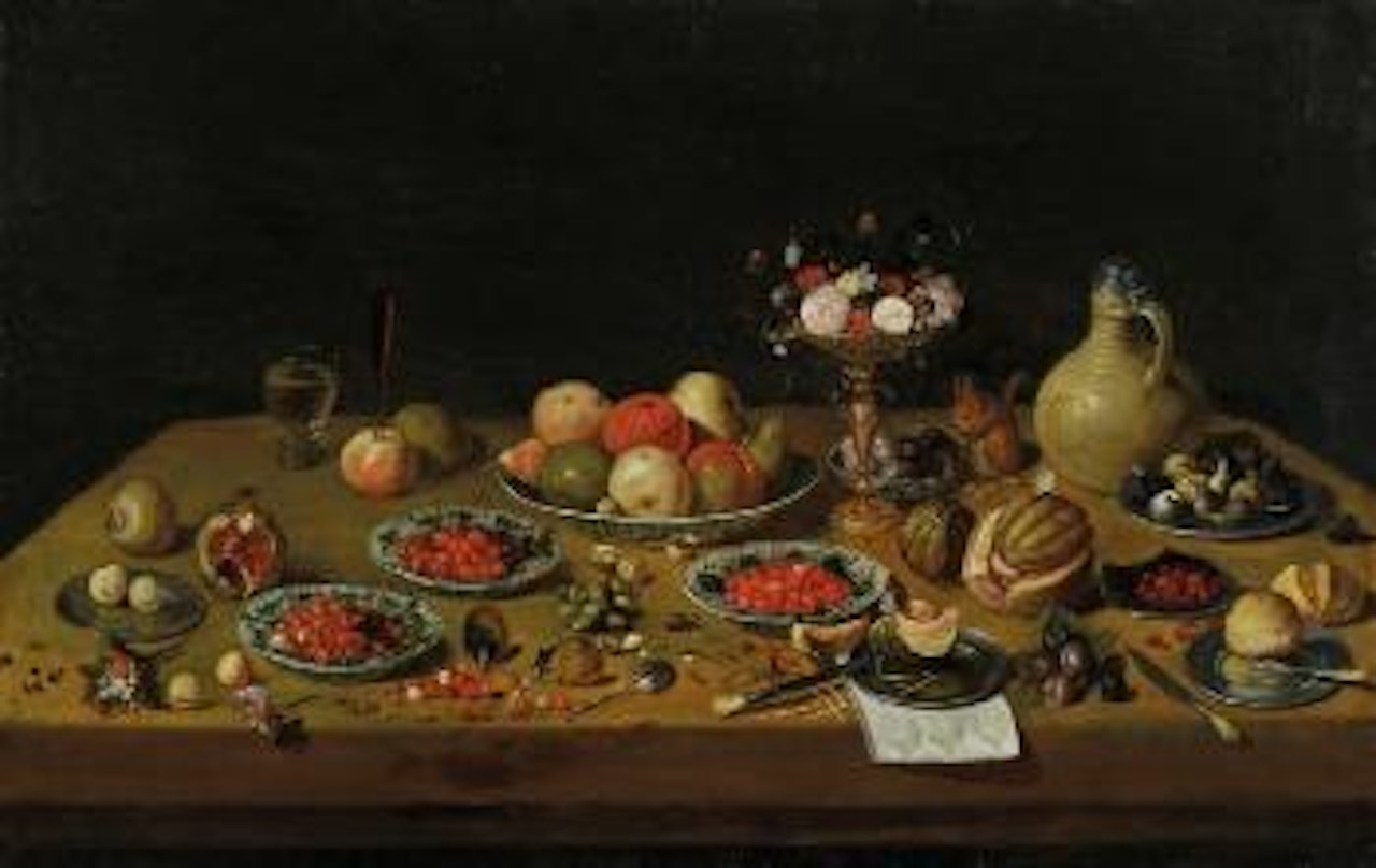 Früchtestillleben mit Blumen-Tazza, Eichhörnchen und Steinkrug by Jan Van Kessel The Elder
