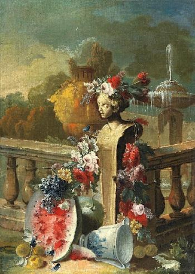 Blumen, Fruchte und Grosse Steinvase vor einer Parklandschaft. Blumen, Fruchte und Weibliche Buste vor einer Parklandschaft by Gasparo Lopez