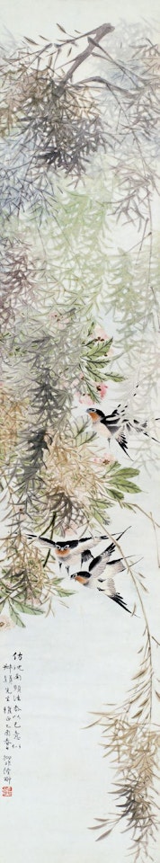 Peaches blossoms, willow branches and swallows by Lu Yifei