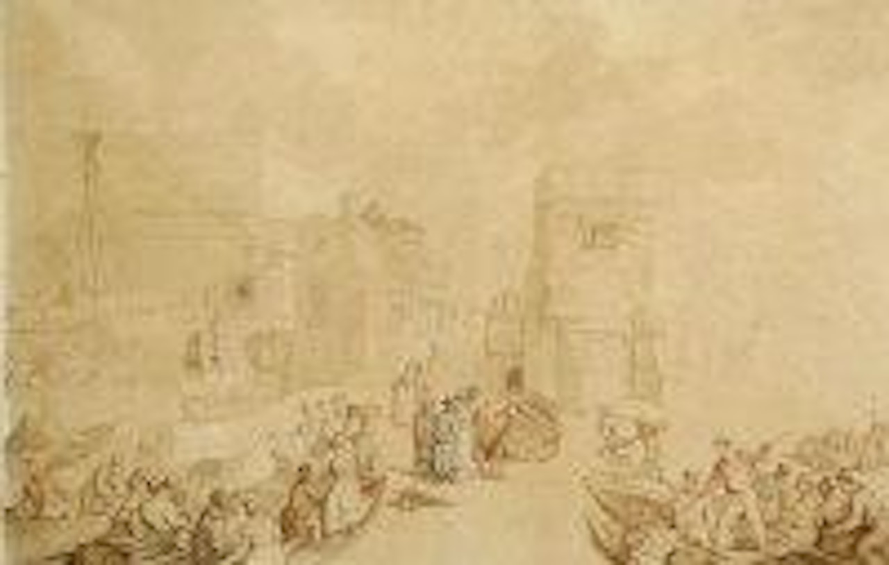 Busy ferry port with numerous figures by Thomas Rowlandson