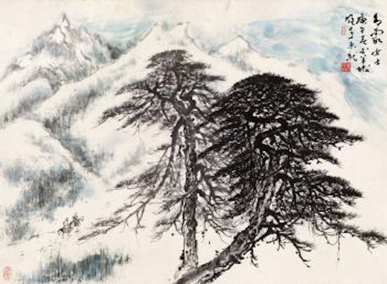 Pine trees in snow mountains by Li Xiongcai