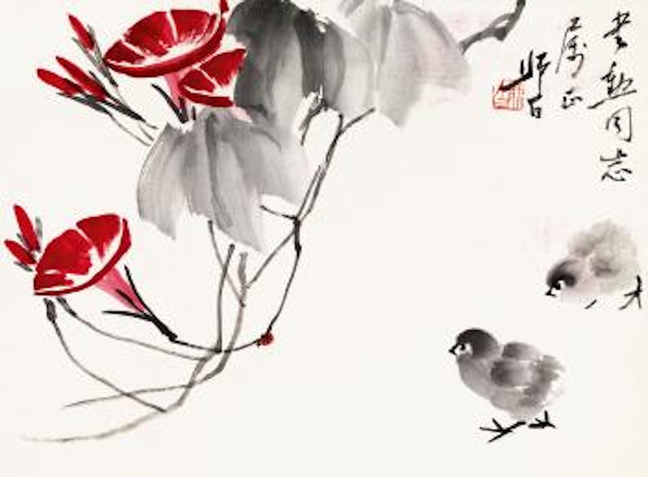 Morning glories and chicks by Lou Shibai