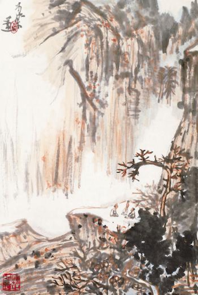 Three scholars on mountains by Li Keran