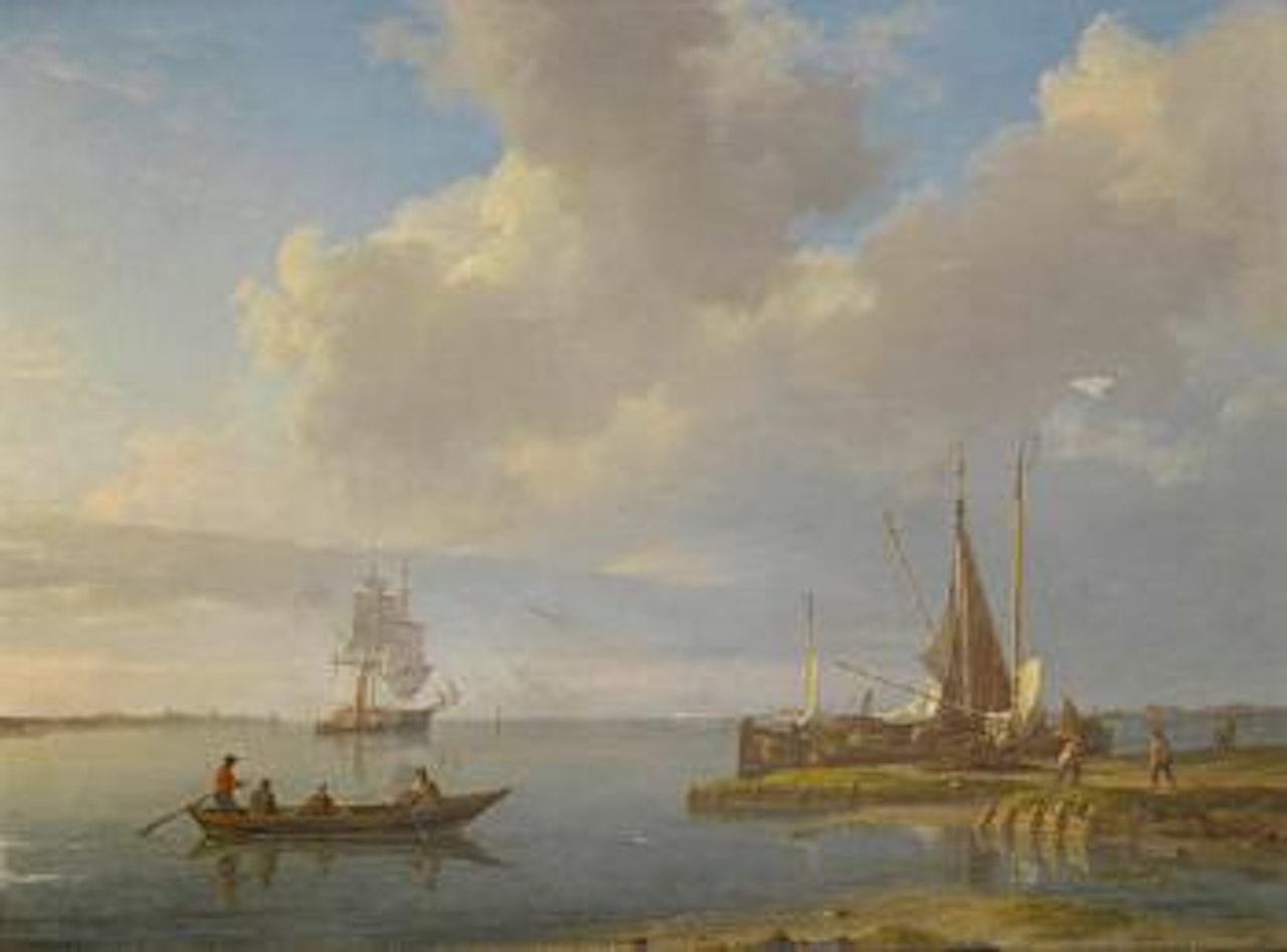 Unloading barges on the banks of the Scheldt, with a trading brig anchored in the river and the spires and towers of Antwerp beyond by Jan Hermanus Koekkoek