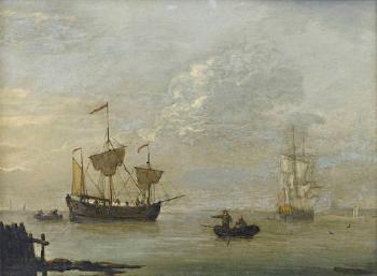 A coastal trader anchored offshore in a calm, with an English frigate beyond by Francis Swaine