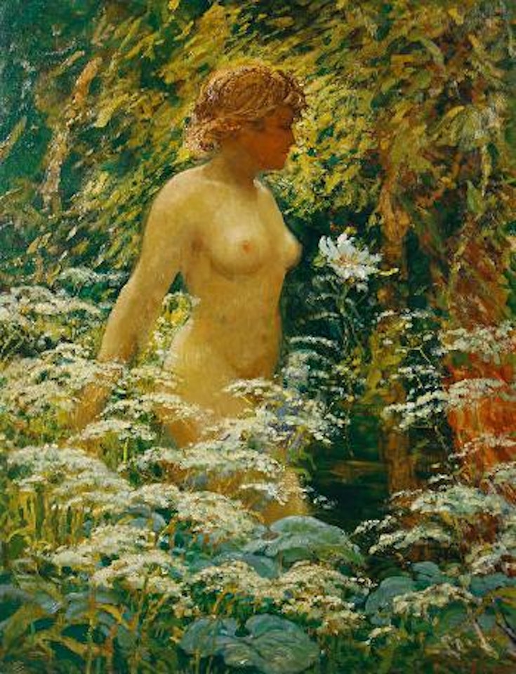 A female nude in a field of flowers by Karel Langer