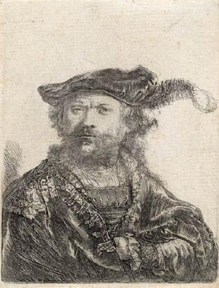 Self portrait in a velvet cap and plume by Attributed to Rembrandt Harmensz van Rijn
