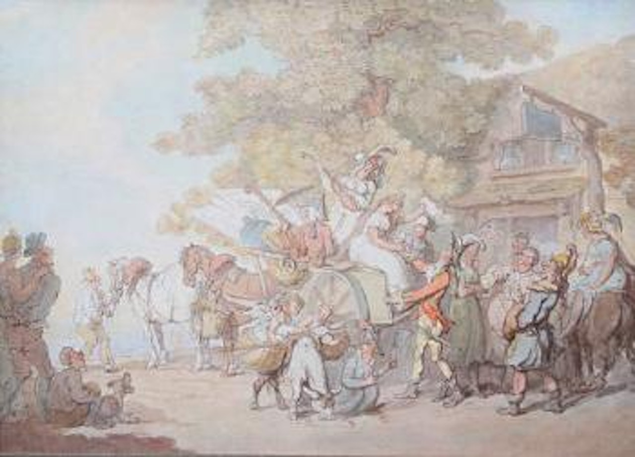Travelling players halted by an inn by Thomas Rowlandson