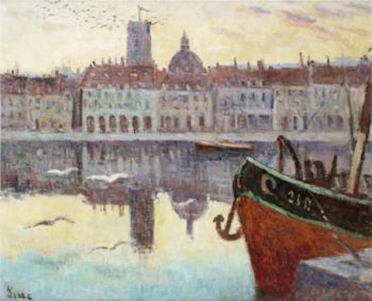 Bateaux amarrés dans le port de Dieppe au soleil couchant by Maximilien Luce