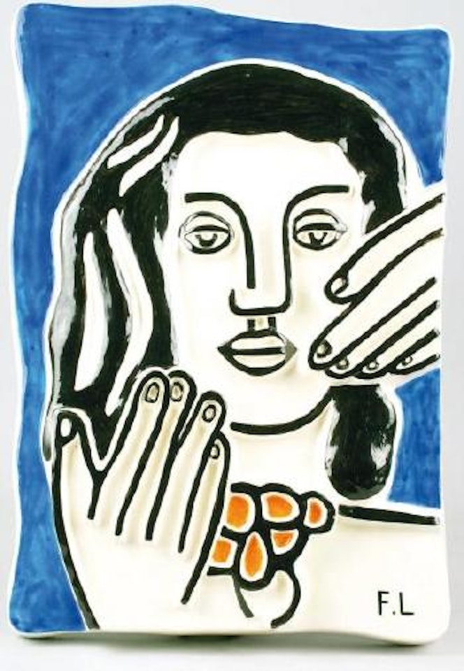 Visage aux deux mains sur fond bleu by Fernand Leger