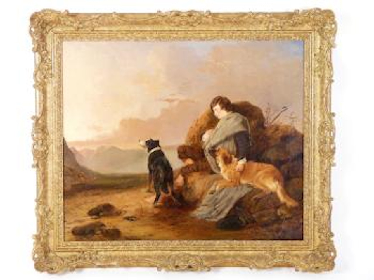 A shepherd boy resting with two dogs at dawn by Richard Ansdell