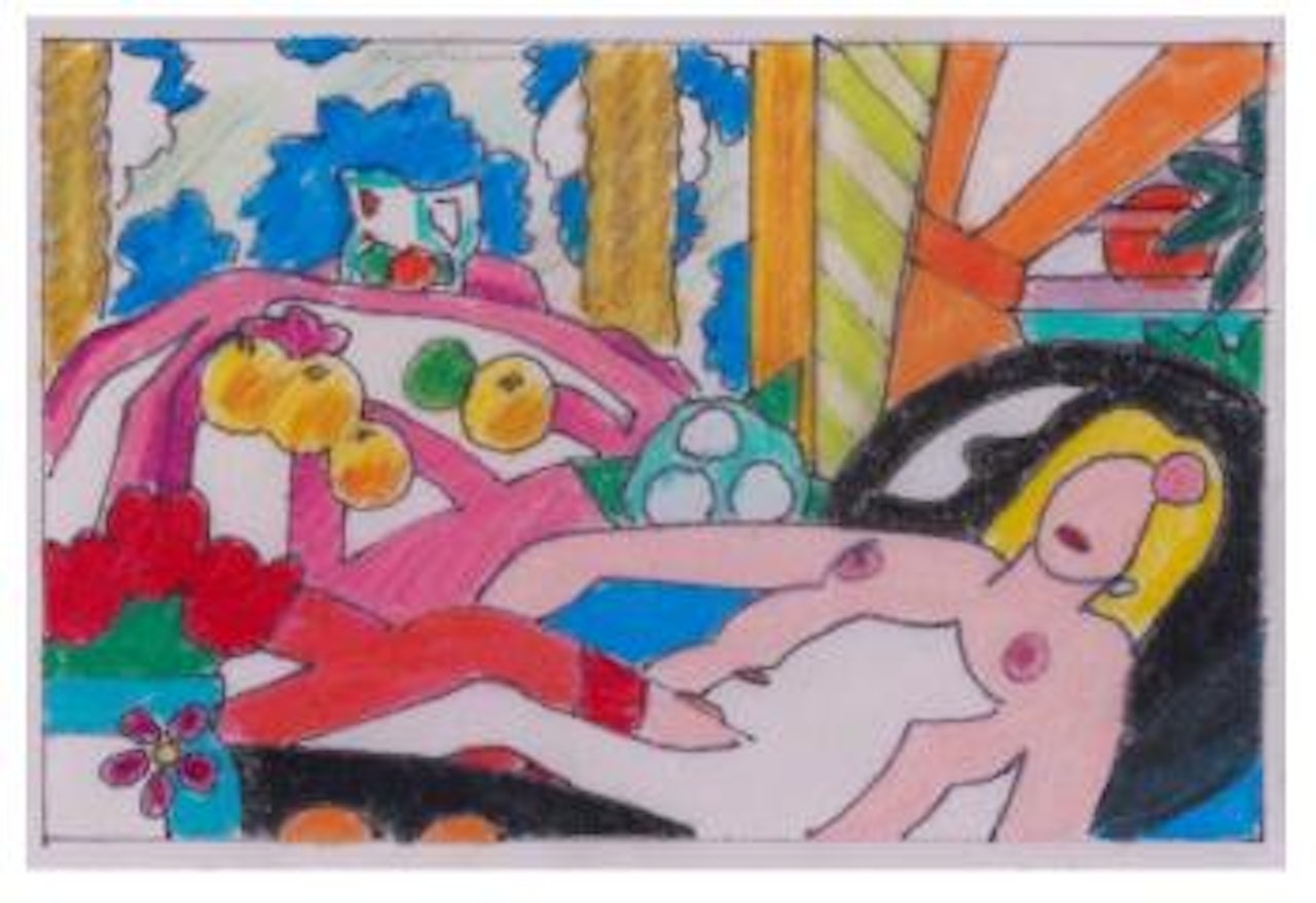 Study for sunset nude with Matisse apples on pink tablecloth by Tom Wesselmann