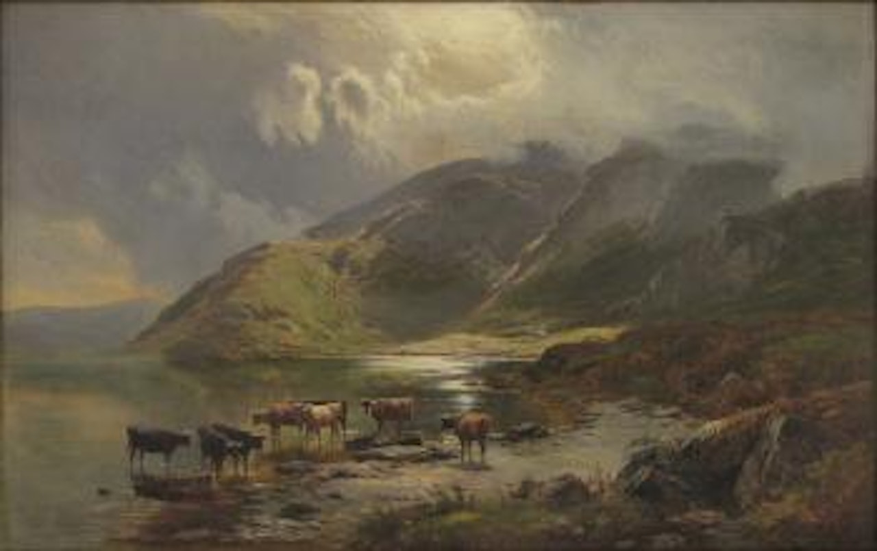 Cattle watering with mountains by Sidney Richard Percy