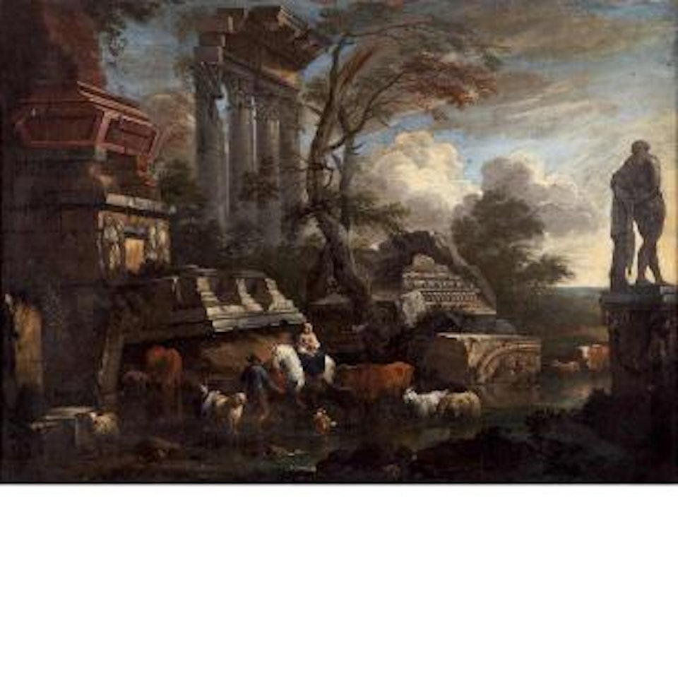 A herdsman and his livestock crossing a river beside Roman ruins by Nicolaes Pietersz Berchem