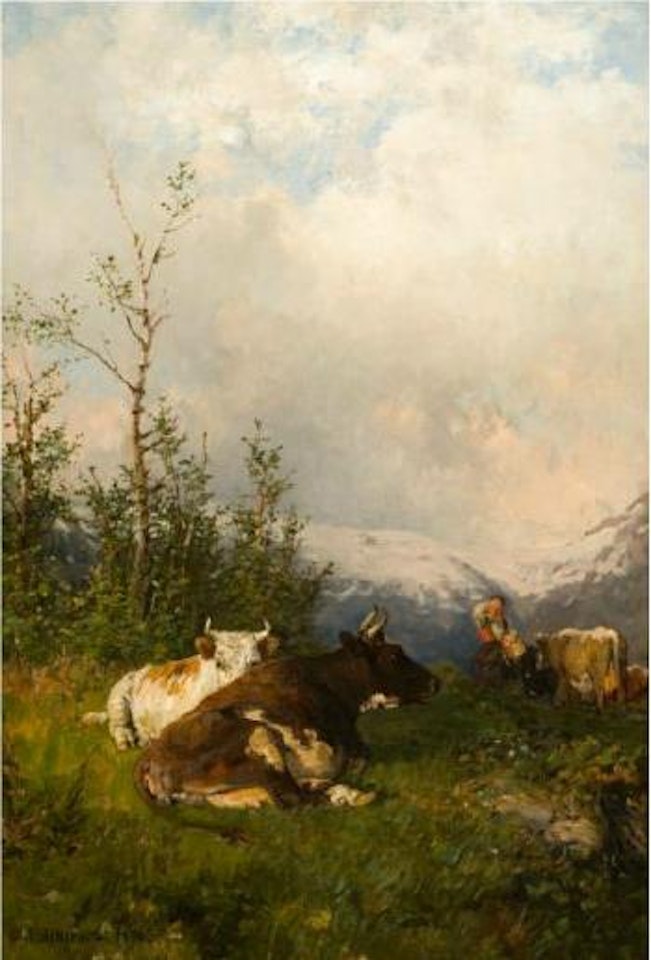 Kyr og budeie i fjellet by Anders Monsen Askevold