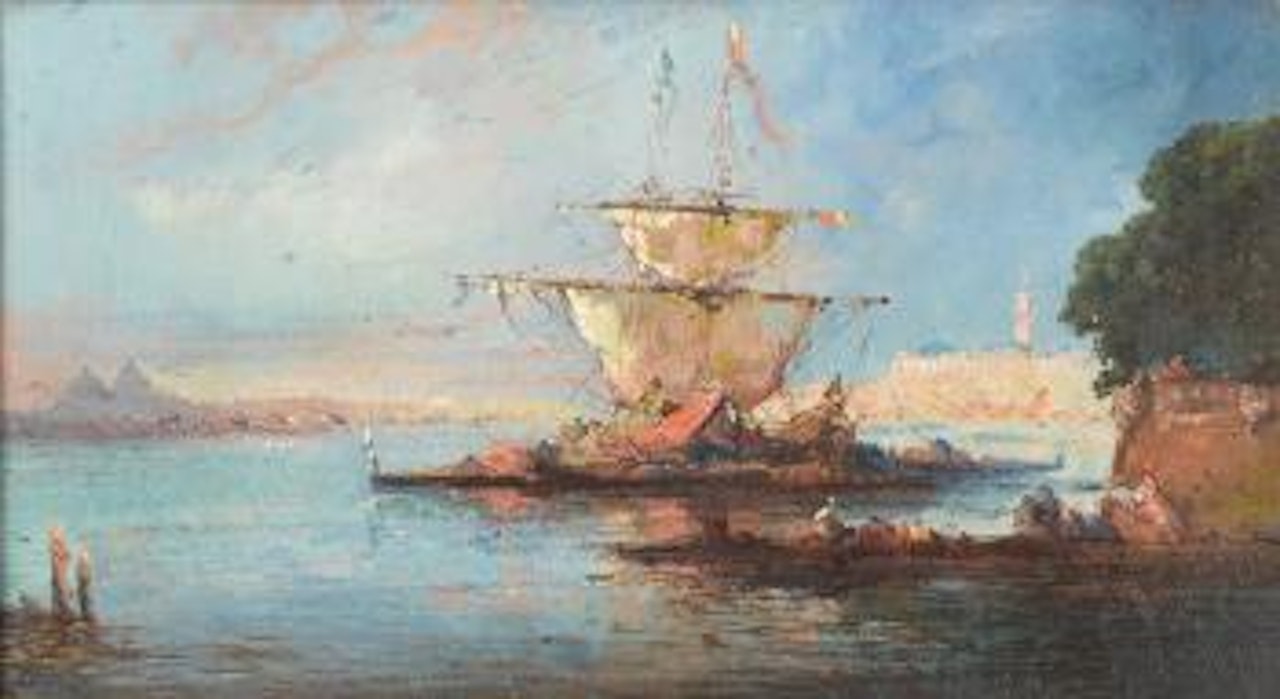 Segelschiff im Abendrot in der Lagune von Venedig by Félix Ziem