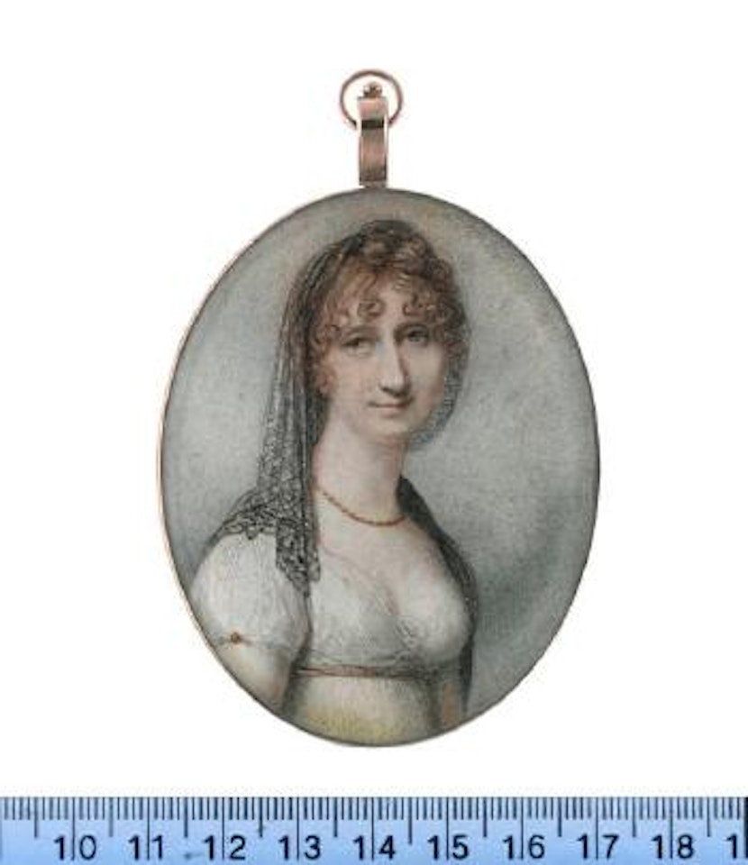 A lady, wearing Classical inspired white dress with sleeves fastened with gold buttons, buff waistband, gold necklace, black lace veil, her hair curled by Richard Cosway