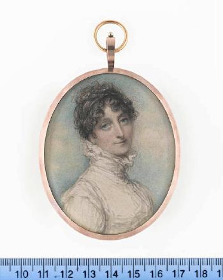 A lady, wearing white dress with high frilled collar, her hair upswept and curled by Richard Cosway