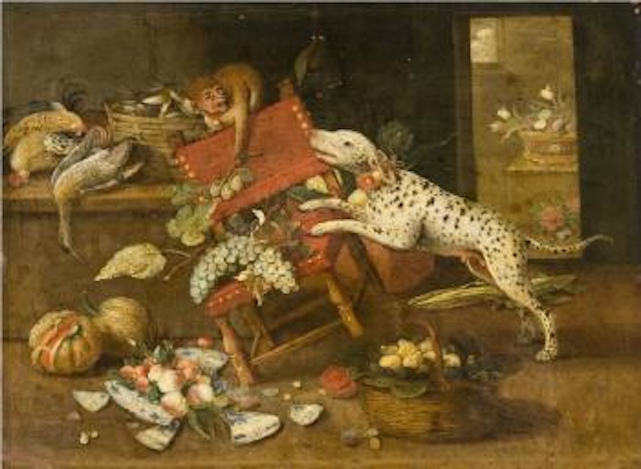 La lutte du chien et du singe dans un garde-manger by Flemish School by Jan Van Kessel The Elder