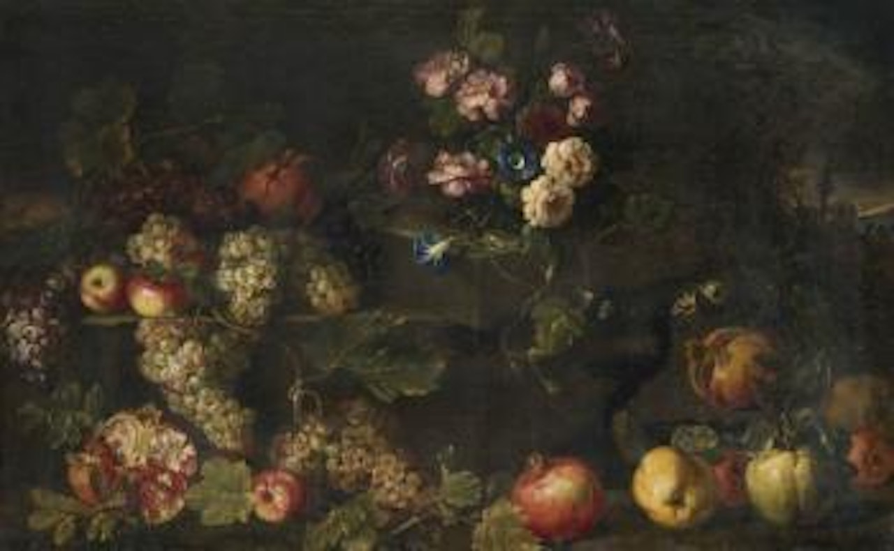 Nature morte au bouquet de fleurs, raisins, pommes, poires et grenades dans un paysage by Michele Pace del Campidoglio