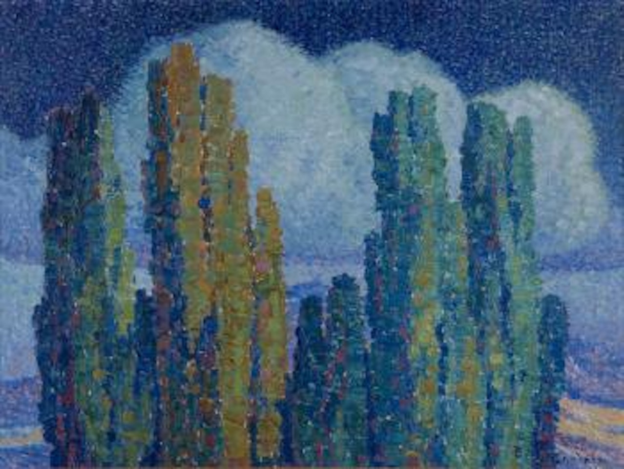 Night poplars in moonlight by Birger Sandzen