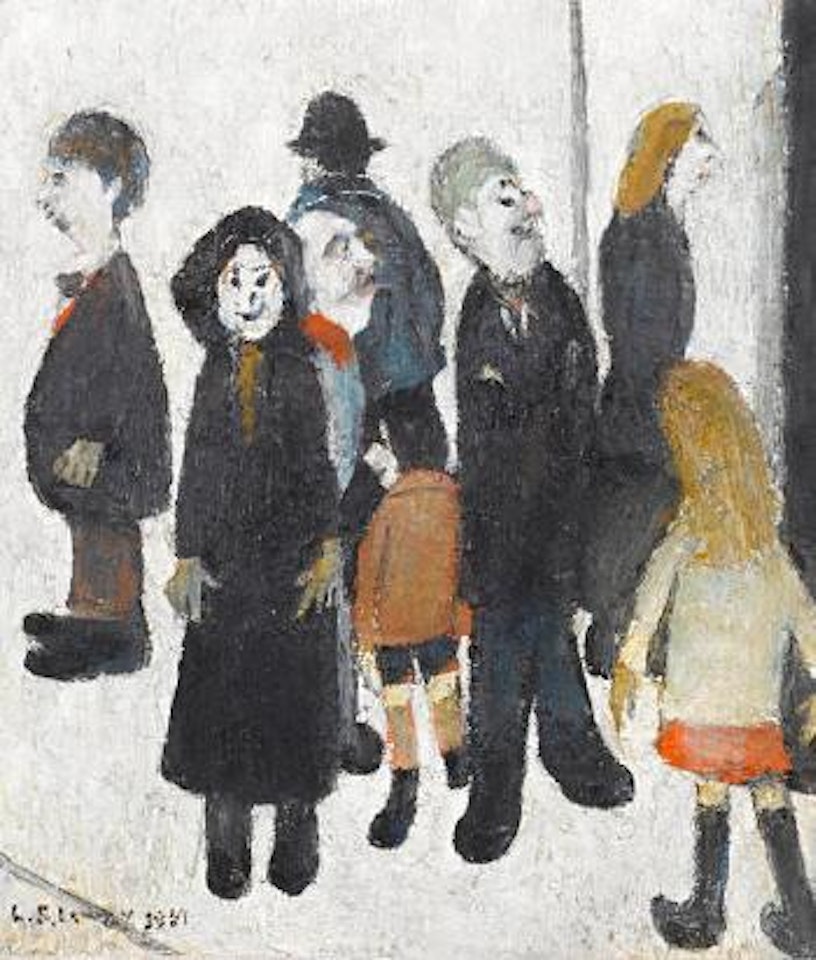Group of people with the artist by Laurence Stephen Lowry