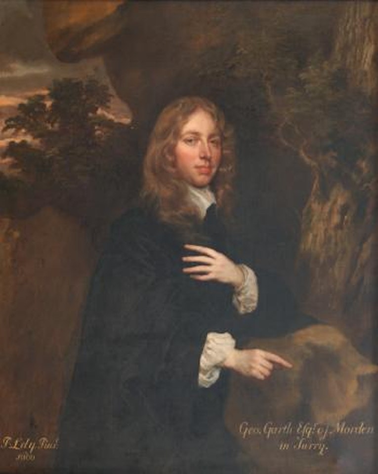 Geo Garth Esq'r: of Morden in Surry (Portrait of a gentleman in a rocky landscape) by Sir Peter Lely