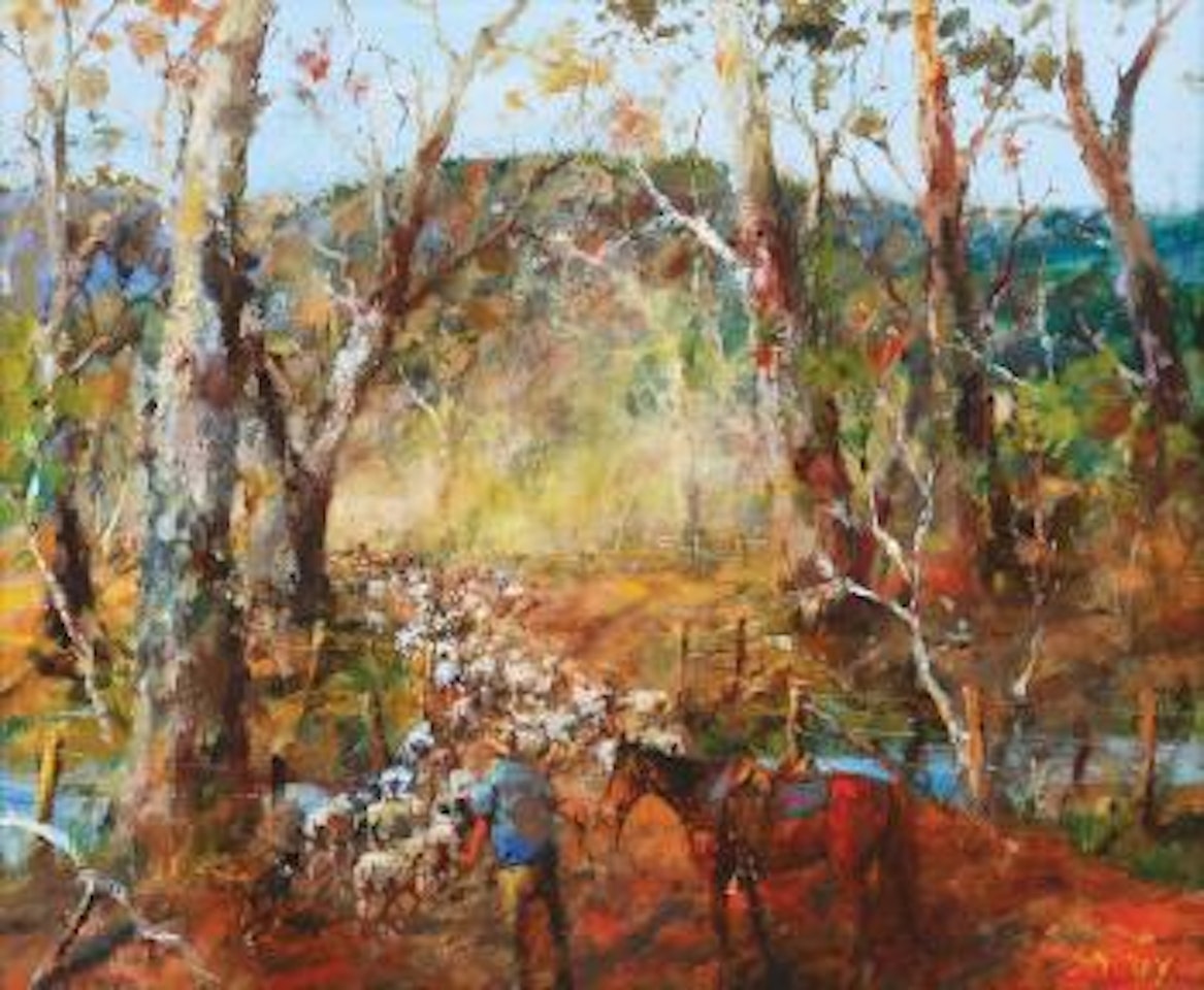 Stan Le Poldevin's sheep, crossing the creek at Lurg, Victoria by Hugh Sawrey