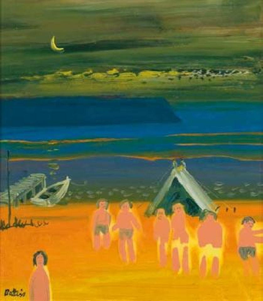 Figures camping near a lake at night by Walter Battiss