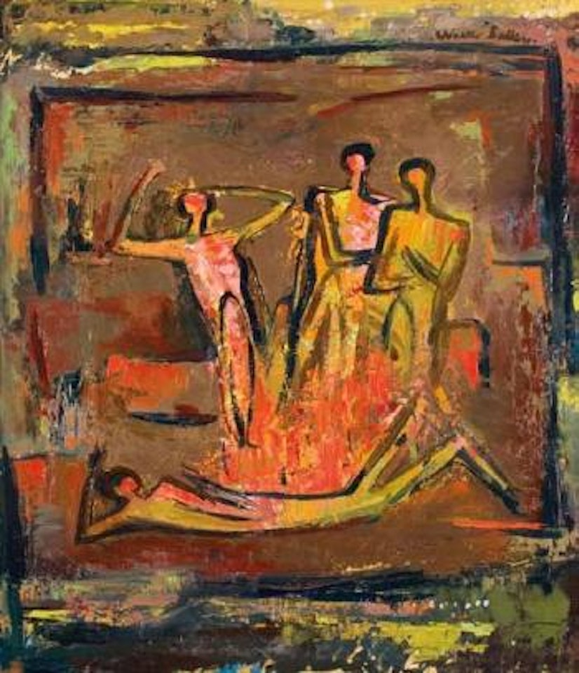 Figures dancing around a fire by Walter Battiss