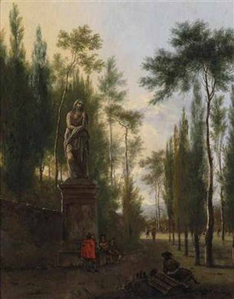 A southern landscape with male figures resting underneath a Roman statue by Isaac de Moucheron