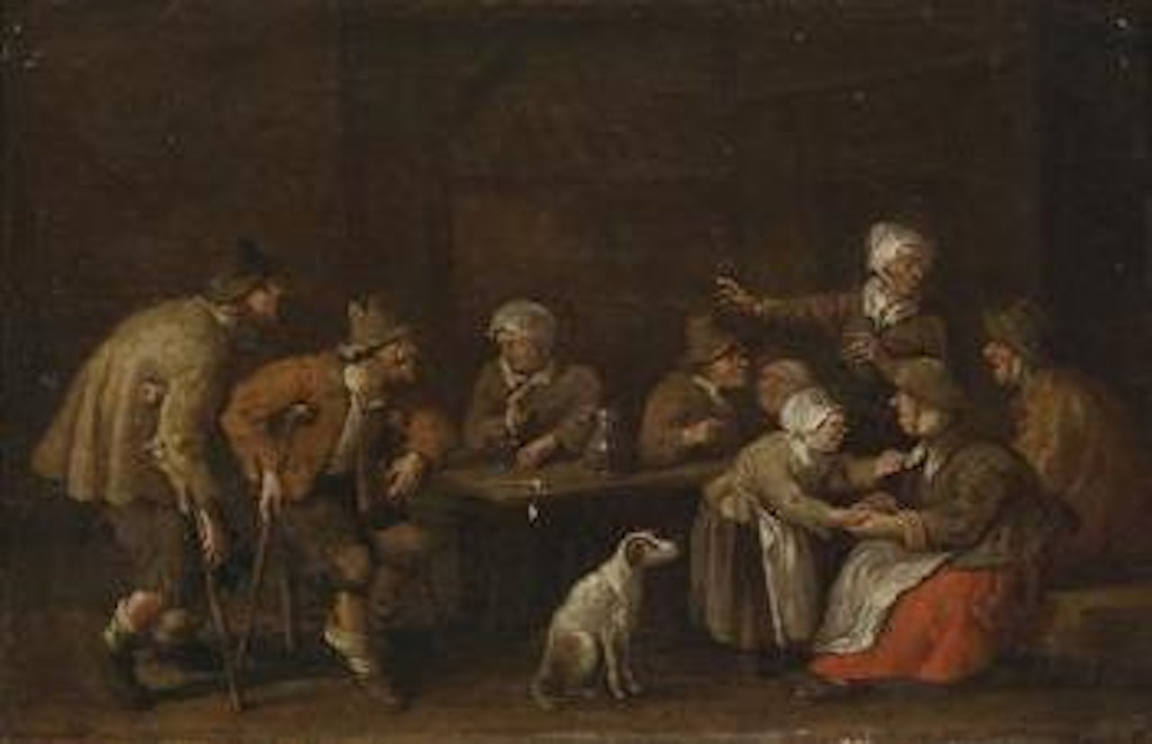 A tavern interior with figures seated around a table by Joost Cornelisz Droochsloot