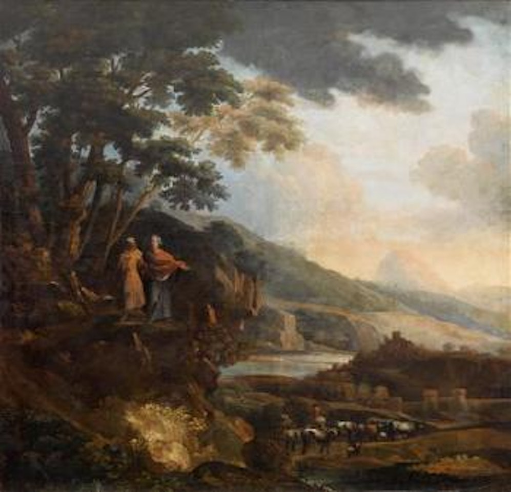 A mountainous river landscape with the Temptation of Christ. River landscape with a cave and the Reconciliation of Jacob and Esau by Roman School