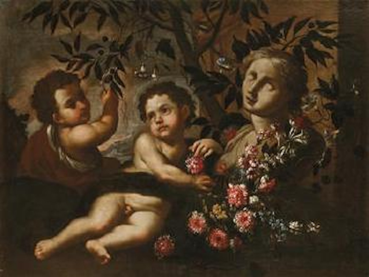 An angel with floral garlands and a female bust by Neapolitan School