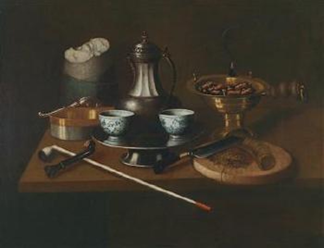 A still life of chestnuts, coffee and smoking utensils on a table by German School